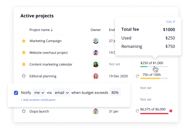 financial budgeting on active projects in the Teamwork profitability reports