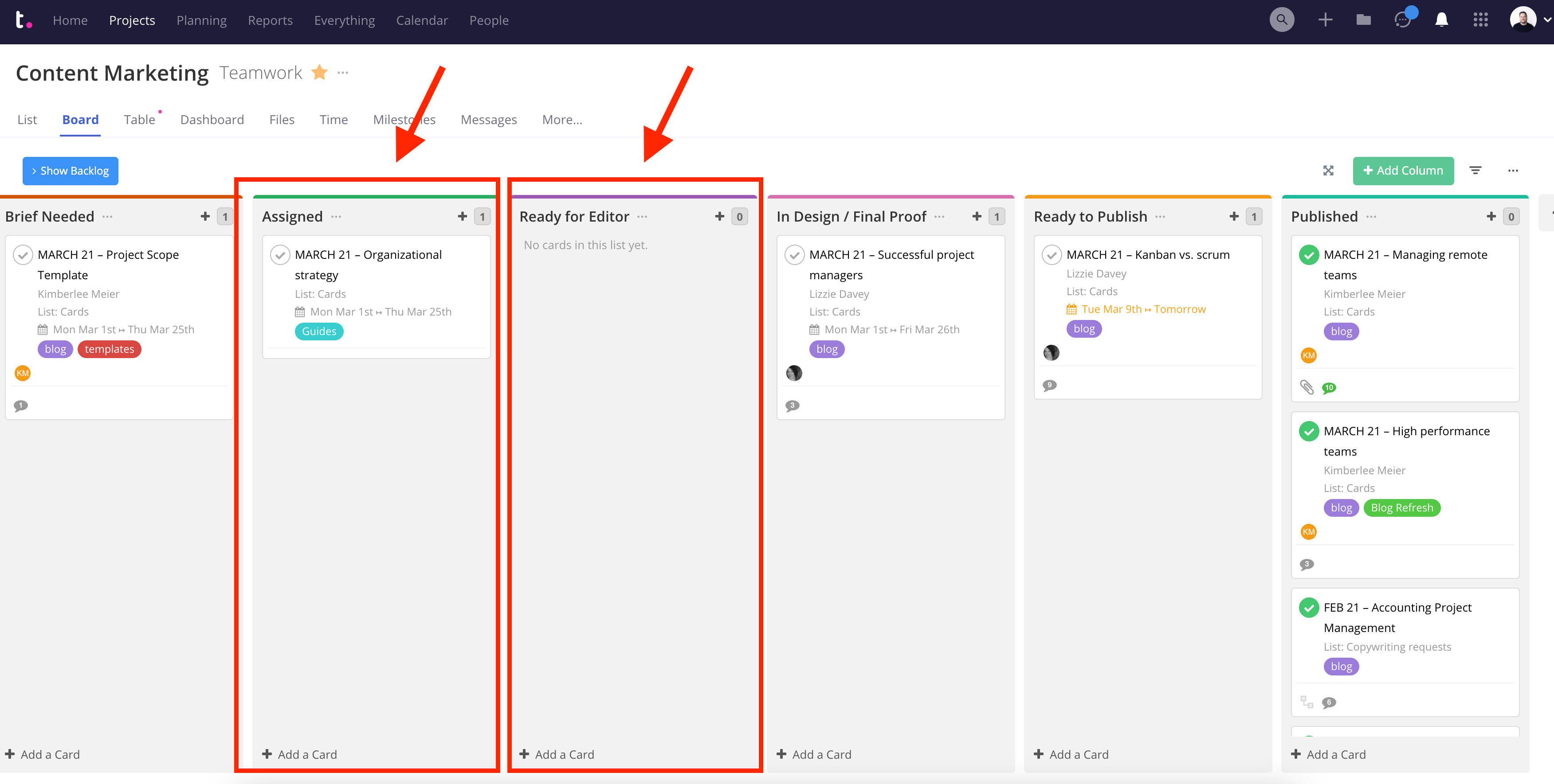 Kanban Content Example of a Column